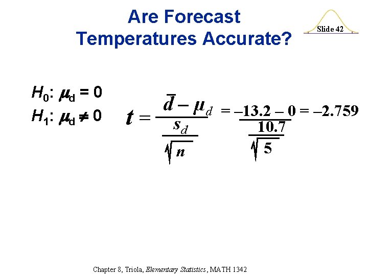 Are Forecast Temperatures Accurate? H 0: d = 0 H 1: d 0 t=