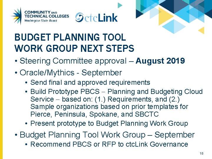 BUDGET PLANNING TOOL WORK GROUP NEXT STEPS • Steering Committee approval – August 2019