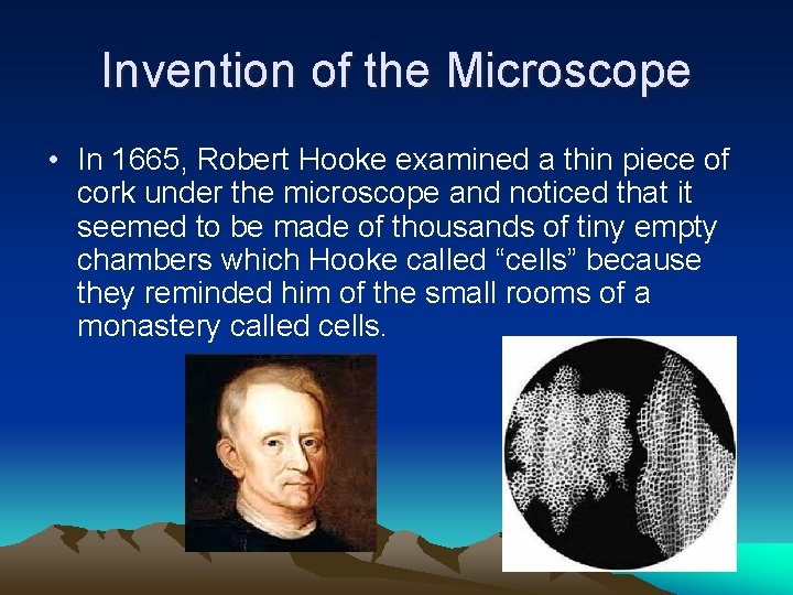 Invention of the Microscope • In 1665, Robert Hooke examined a thin piece of