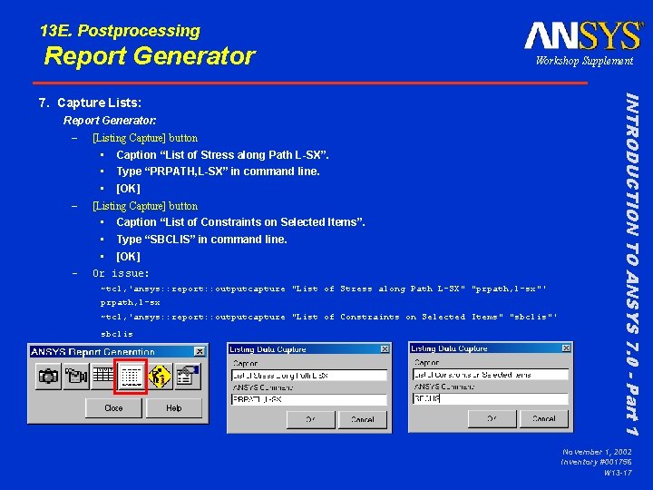 13 E. Postprocessing Report Generator Workshop Supplement Report Generator: – [Listing Capture] button –