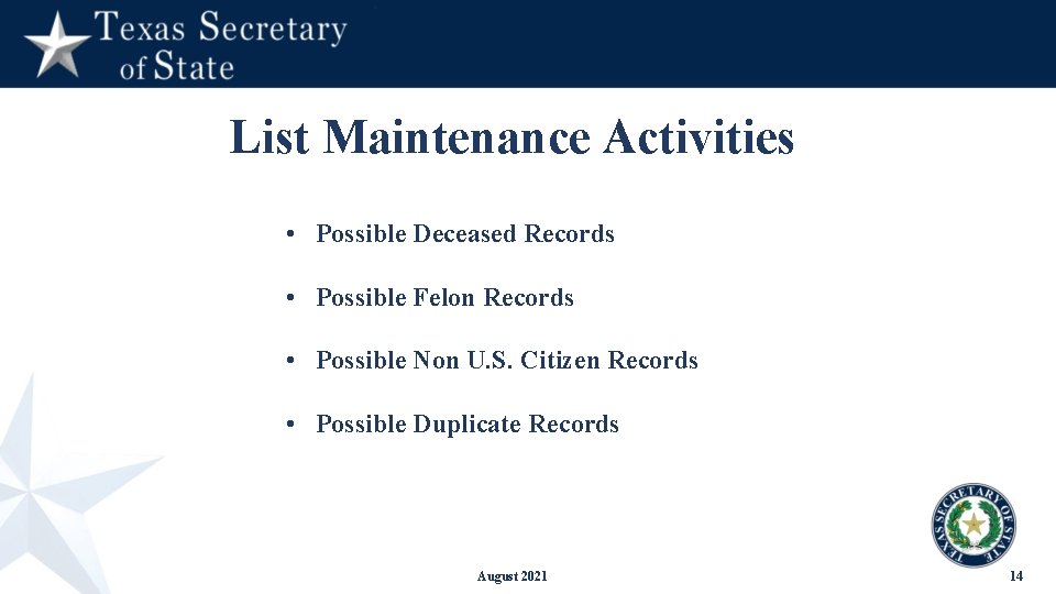 List Maintenance Activities • Possible Deceased Records • Possible Felon Records • Possible Non