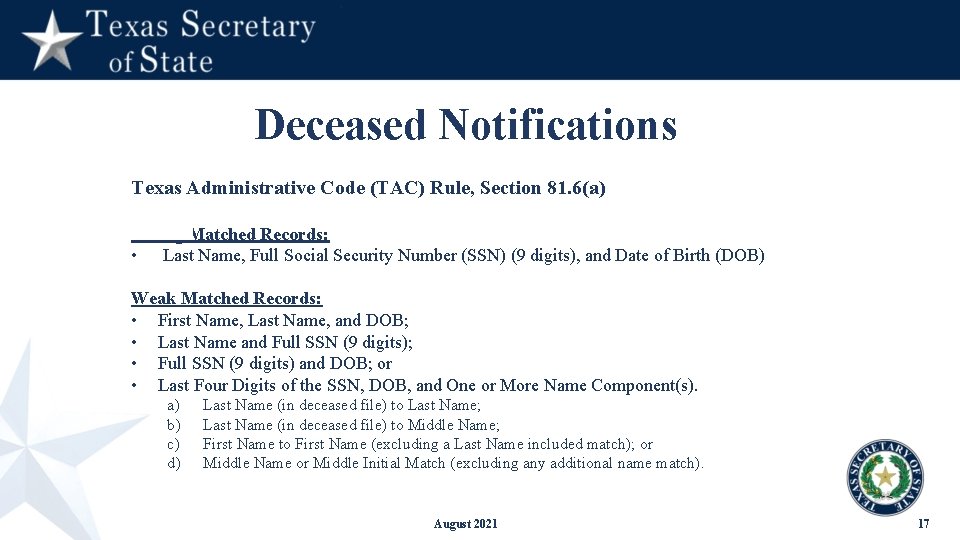 Deceased Notifications Texas Administrative Code (TAC) Rule, Section 81. 6(a) Strong Matched Records: •