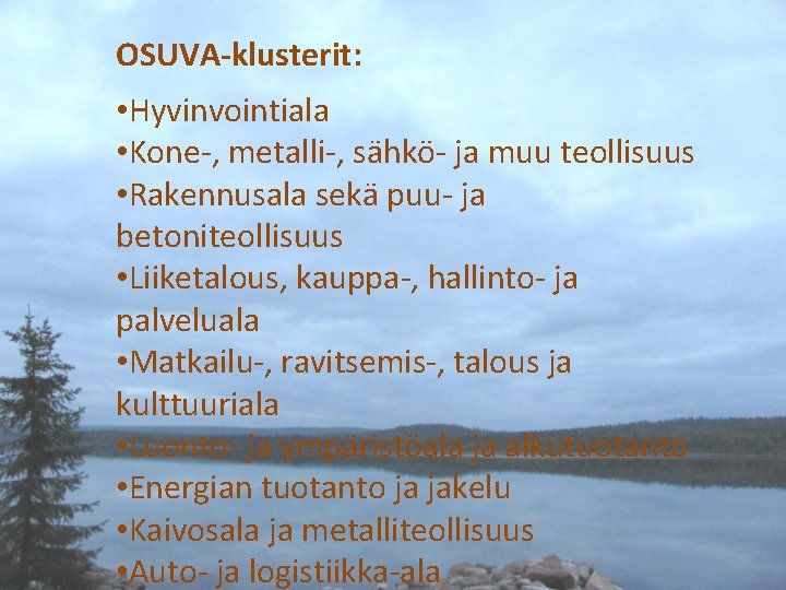 OSUVA-klusterit: • Hyvinvointiala • Kone-, metalli-, sähkö- ja muu teollisuus • Rakennusala sekä puu-