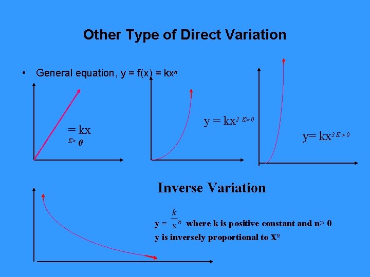 Other Type of Direct Variation • General equation, y = f(x) = kxn y