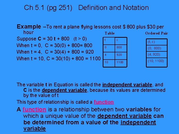 Ch 5. 1 (pg 251) Definition and Notation Example –To rent a plane flying