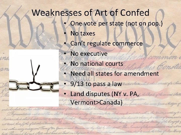 Weaknesses of Art of Confed • • One vote per state (not on pop.