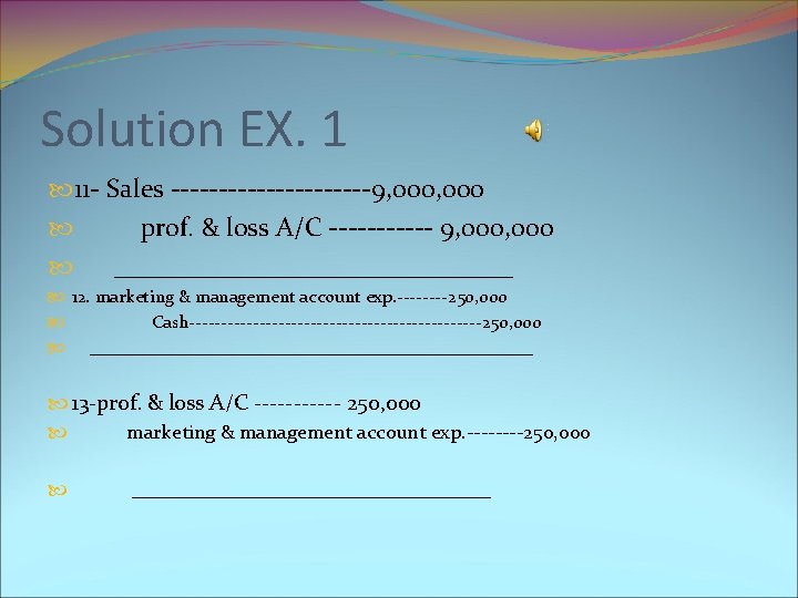 Solution EX. 1 11 - Sales -----------9, 000 prof. & loss A/C ------ 9,