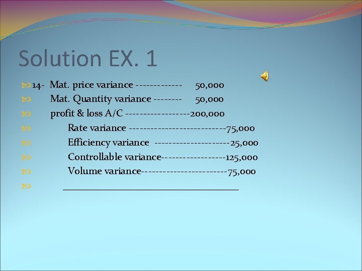 Solution EX. 1 14 - Mat. price variance ------- 50, 000 Mat. Quantity variance