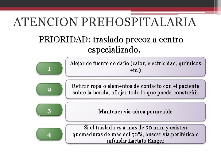 ATENCION PREHOSPITALARIA PRIORIDAD: traslado precoz a centro especializado. 1 Alejar de fuente de daño