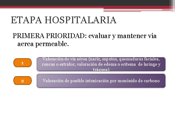 ETAPA HOSPITALARIA PRIMERA PRIORIDAD: evaluar y mantener via aerea permeable. 1 Valoración de vía