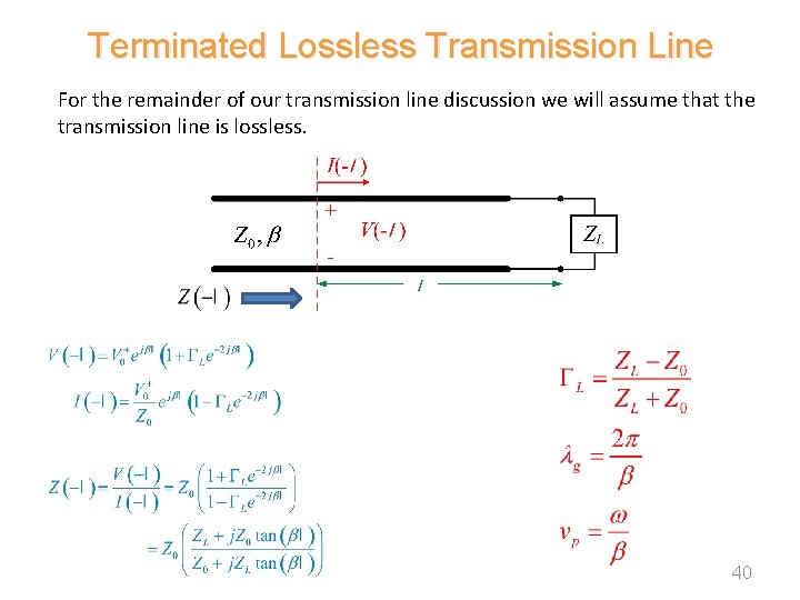 Terminated Lossless Transmission Line For the remainder of our transmission line discussion we will
