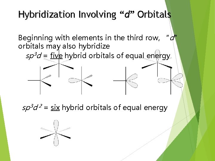 Hybridization Involving “d” Orbitals Beginning with elements in the third row, “d” orbitals may