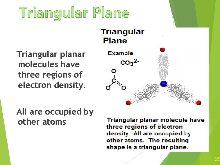 Triangular Plane Triangular planar molecules have three regions of electron density. All are occupied