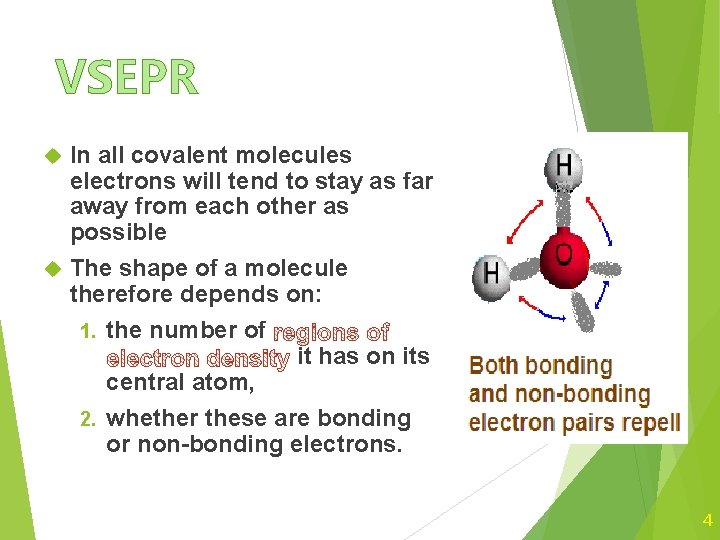 VSEPR In all covalent molecules electrons will tend to stay as far away from