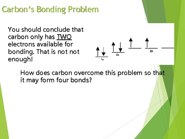 Carbon’s Bonding Problem You should conclude that carbon only has TWO electrons available for