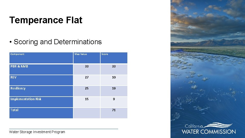 Temperance Flat • Scoring and Determinations Component Max Value Score PBR & NMB 33