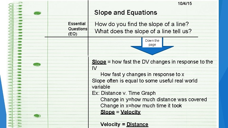 10/4/15 Slope and Equations Essential Questions (EQ) How do you find the slope of 10/4/15 Slope and Equations Essential Questions (EQ) How do you find the slope of