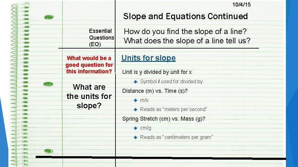 10/4/15 Slope and Equations Continued Essential Questions (EQ) What would be a good question 10/4/15 Slope and Equations Continued Essential Questions (EQ) What would be a good question
