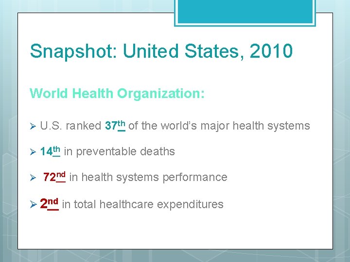 Snapshot: United States, 2010 World Health Organization: Ø U. S. ranked 37 th of