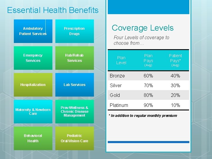 Essential Health Benefits Ambulatory Patient Services Prescription Drugs Emergency Services Hab/Rehab Services Hospitalization Lab