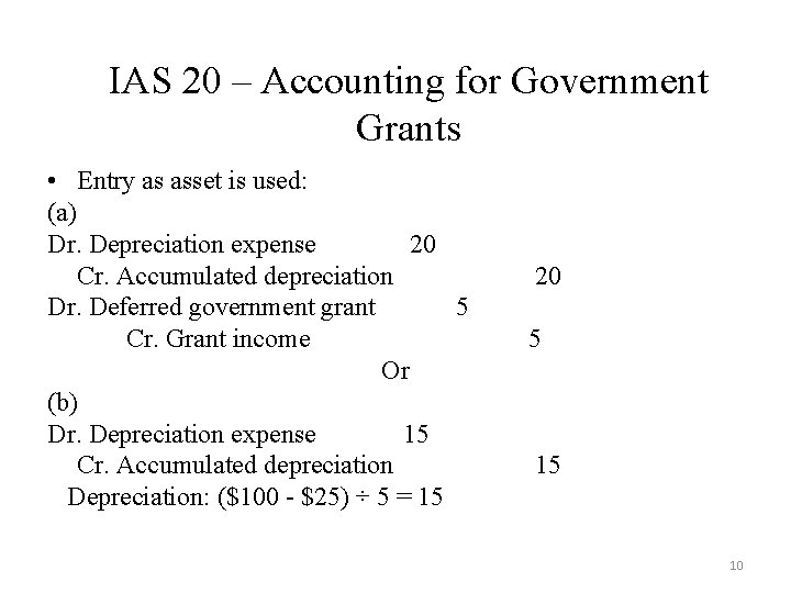 IAS 20 – Accounting for Government Grants • Entry as asset is used: (a)
