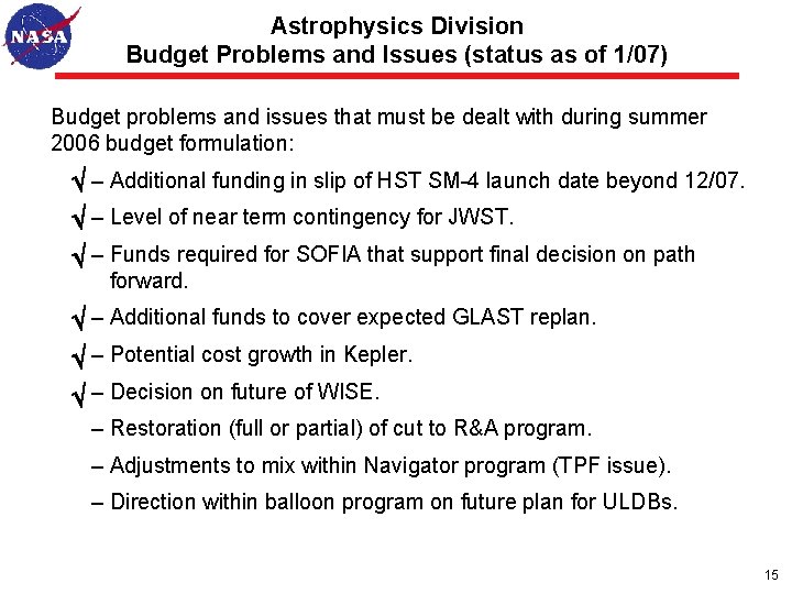 Astrophysics Division Budget Problems and Issues (status as of 1/07) Budget problems and issues