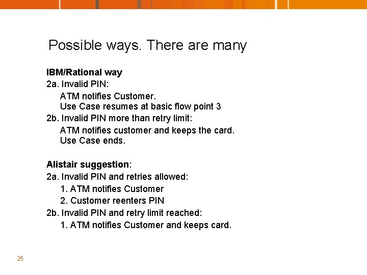 Possible ways. There are many IBM/Rational way 2 a. Invalid PIN: ATM notifies Customer.