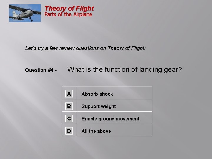 Theory of Flight Parts of the Airplane Let's try a few review questions on