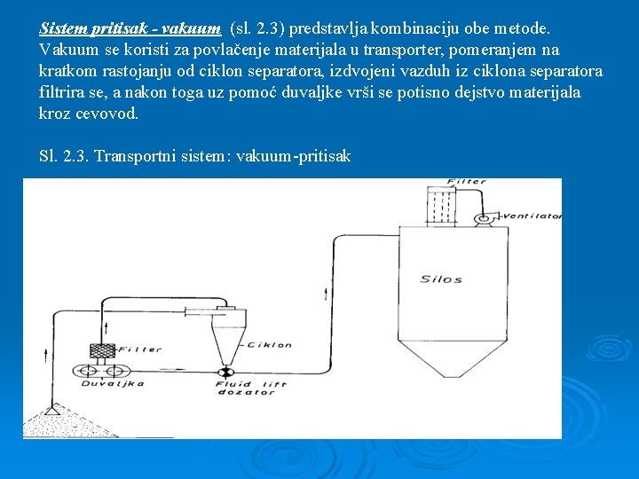 Sistem pritisak - vakuum (sl. 2. 3) predstavlja kombinaciju obe metode. Vakuum se koristi