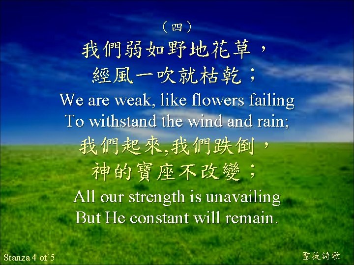 （四） 我們弱如野地花草， 經風一吹就枯乾； We are weak, like flowers failing To withstand the wind and