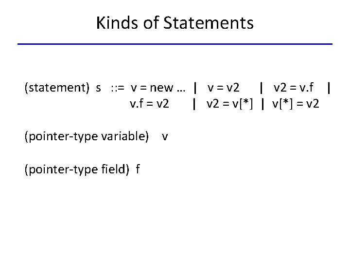 Kinds of Statements (statement) s : : = v = new … | v