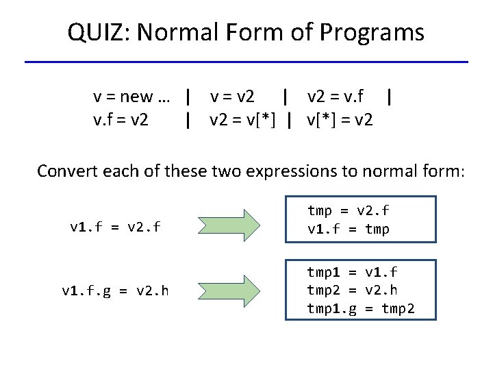 QUIZ: Normal Form of Programs v = new … | v = v 2