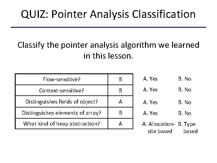 QUIZ: Pointer Analysis Classification Classify the pointer analysis algorithm we learned in this lesson.