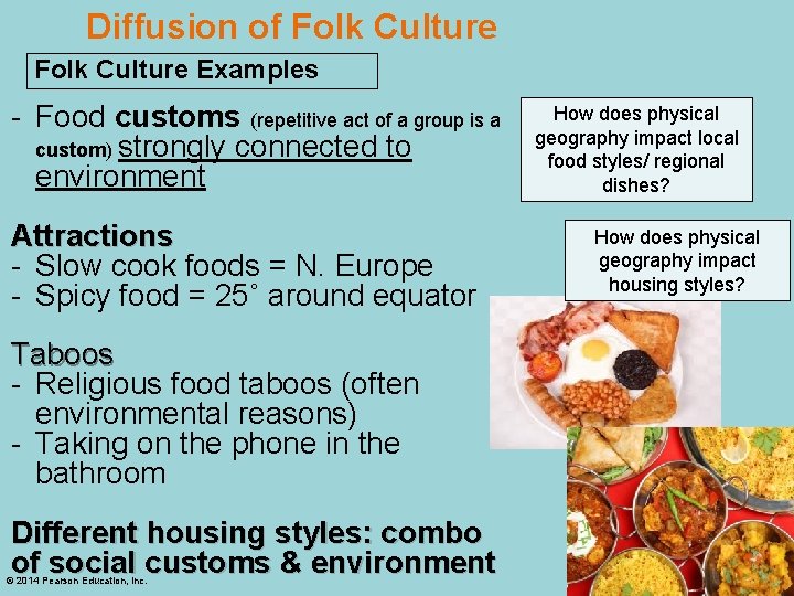Diffusion of Folk Culture Examples - Food customs (repetitive act of a group is