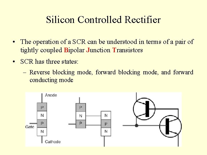 Silicon Controlled Rectifier • The operation of a SCR can be understood in terms