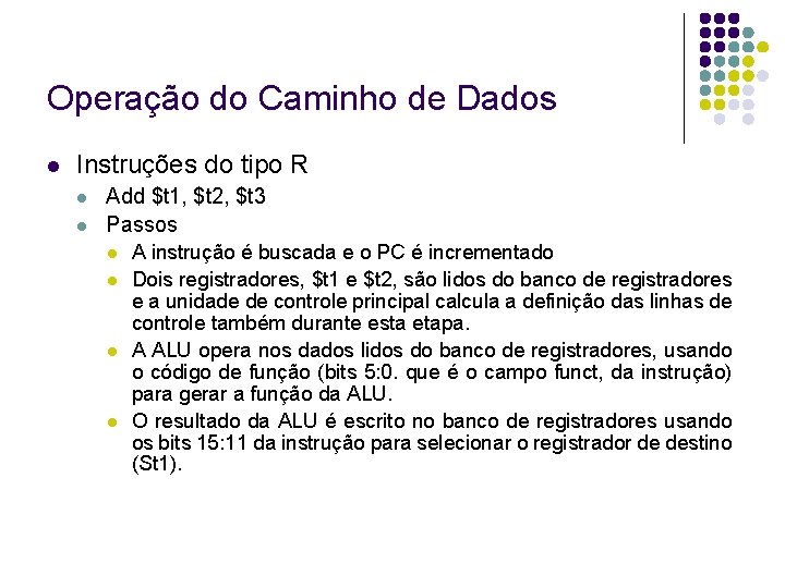 Operação do Caminho de Dados Instruções do tipo R Add $t 1, $t 2,