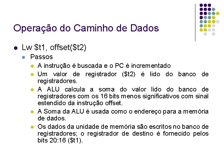 Operação do Caminho de Dados Lw $t 1, offset($t 2) Passos A instrução é