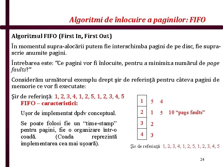 Algoritmi de înlocuire a paginilor: FIFO Algoritmul FIFO (First In, First Out) În momentul