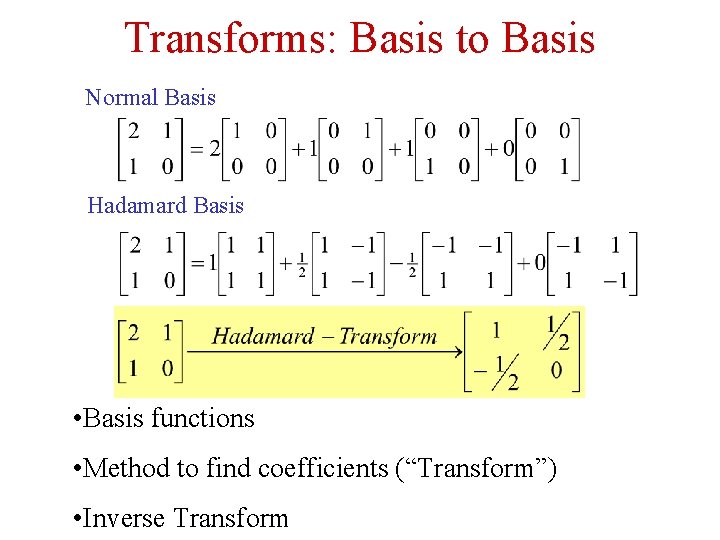 Transforms: Basis to Basis Normal Basis Hadamard Basis • Basis functions • Method to