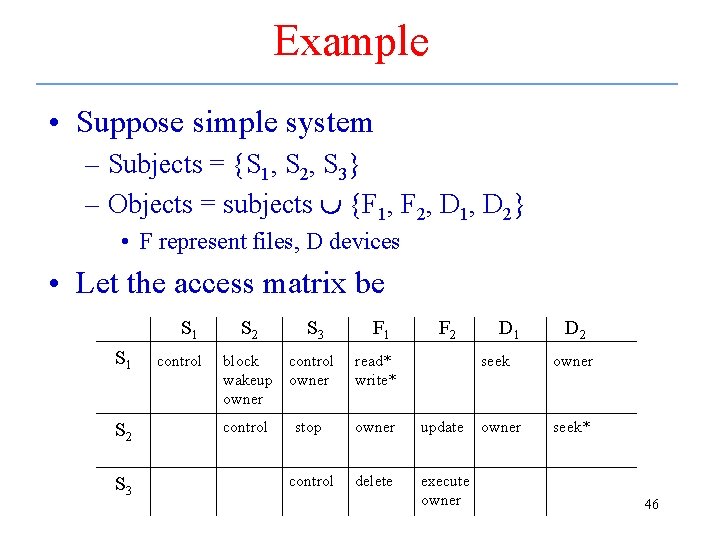 Example • Suppose simple system – Subjects = {S 1, S 2, S 3}