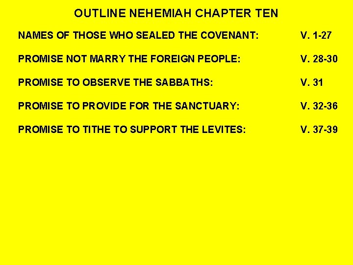 OUTLINE NEHEMIAH CHAPTER TEN NAMES OF THOSE WHO SEALED THE COVENANT: V. 1 -27