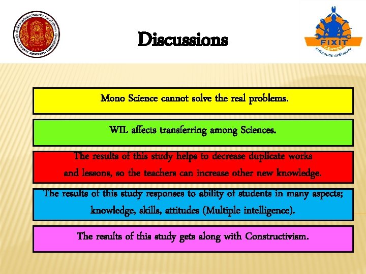 Discussions Mono Science cannot solve the real problems. WIL affects transferring among Sciences. The