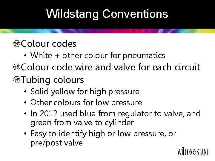 Wildstang Conventions Colour codes • White + other colour for pneumatics Colour code wire