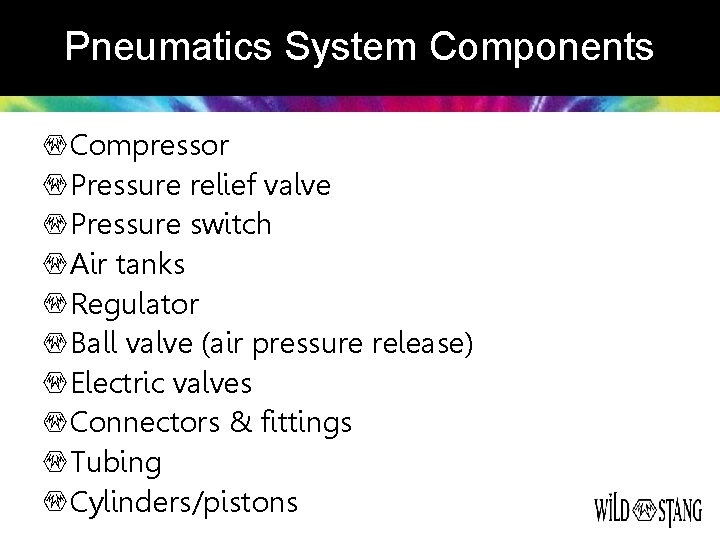 Pneumatics System Components Compressor Pressure relief valve Pressure switch Air tanks Regulator Ball valve