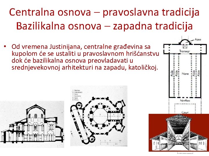 Centralna osnova – pravoslavna tradicija Bazilikalna osnova – zapadna tradicija • Od vremena Justinijana,