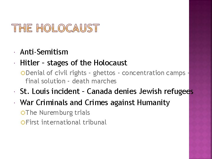  Anti-Semitism Hitler – stages of the Holocaust Denial of civil rights – ghettos