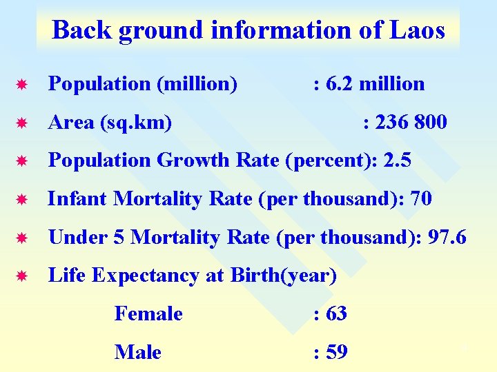 Back ground information of Laos Population (million) : 6. 2 million Area (sq. km)