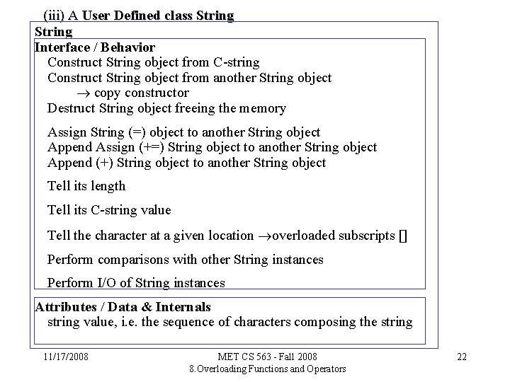 (iii) A User Defined class String Interface / Behavior Construct String object from C-string