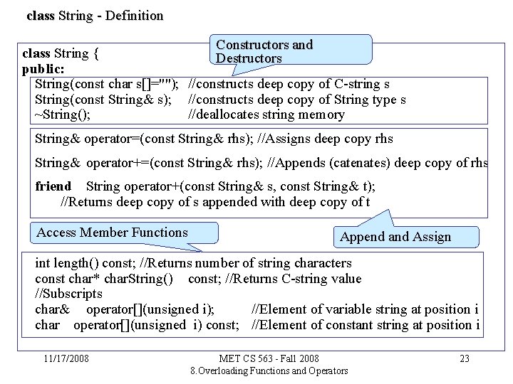 class String - Definition Constructors and class String { Destructors public: String(const char s[]="");