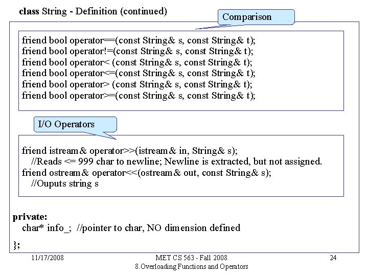 class String - Definition (continued) Comparison friend bool operator==(const String& s, const String& t);